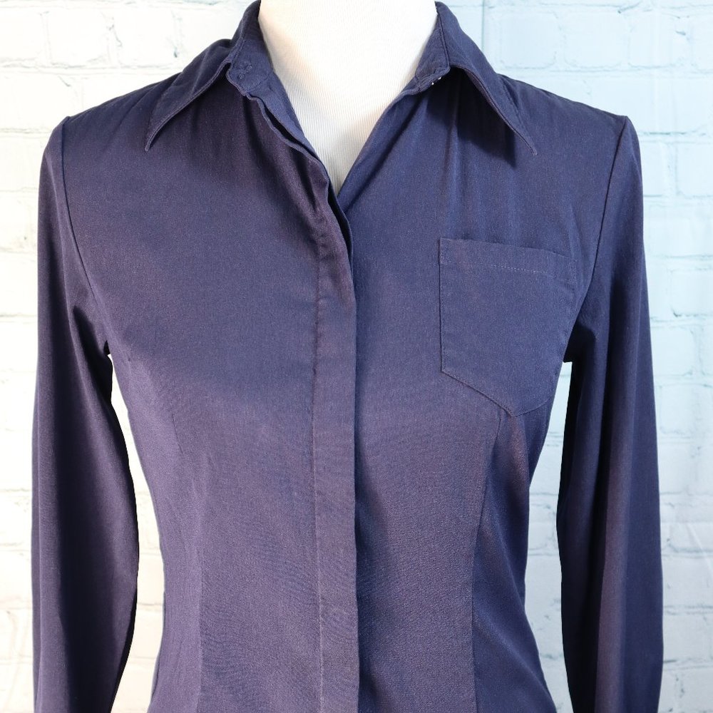 Express Stretch Navy Long Sleeved Button Down Shirt, Size 3/4